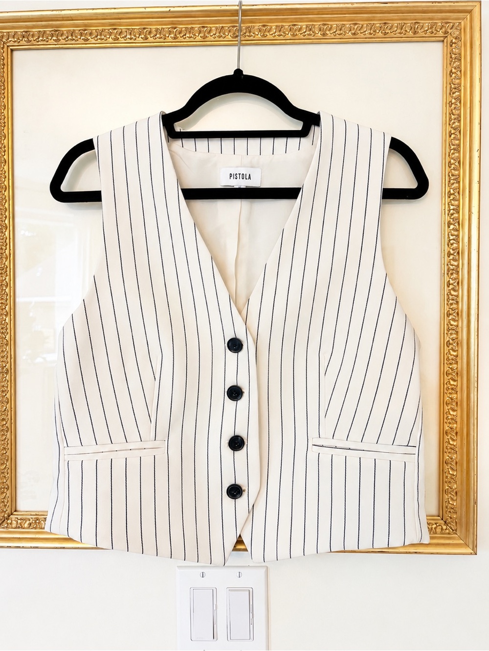 pistola Cream Pinstripe V-Neck Button Vest Tank